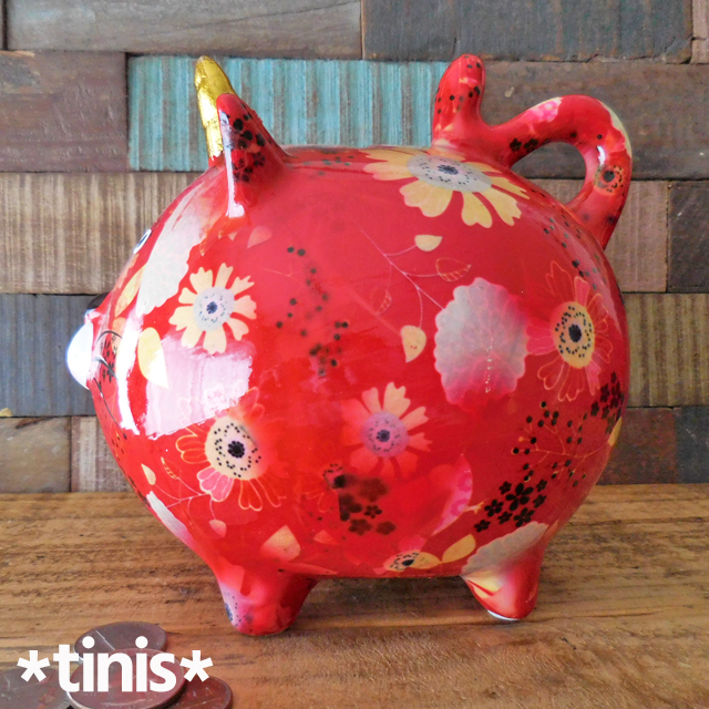 貯金箱 ネコ 赤猫 花柄 陶器製 東洋石創