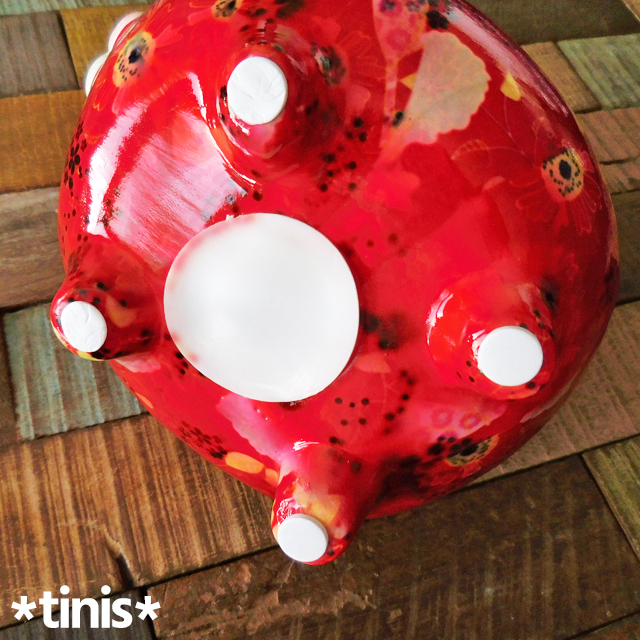 貯金箱 ネコ 赤猫 花柄 陶器製 東洋石創