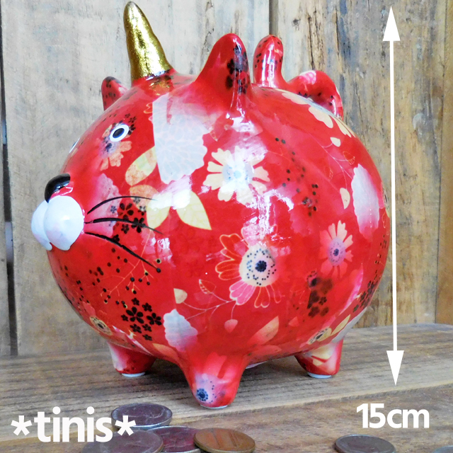 貯金箱 ネコ 赤猫 花柄 陶器製 東洋石創