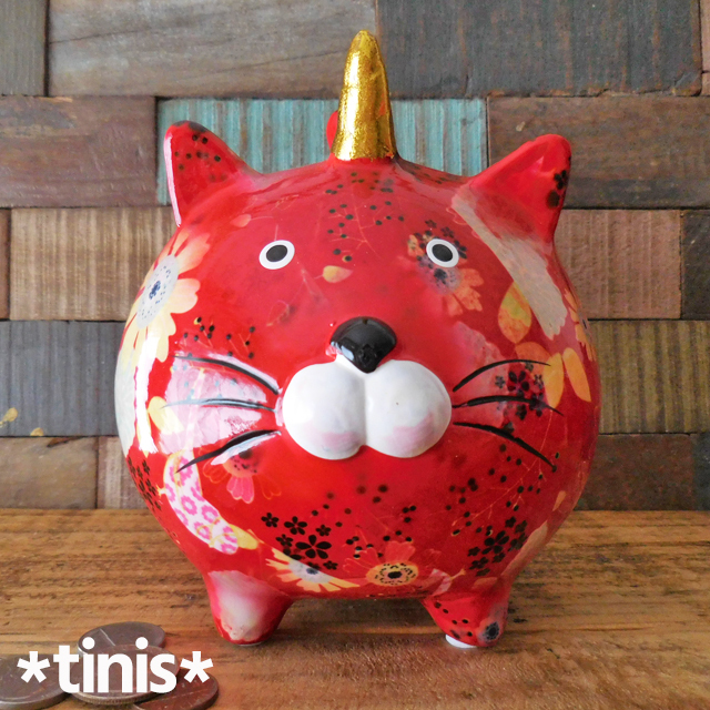 貯金箱 ネコ 赤猫 花柄 陶器製 東洋石創