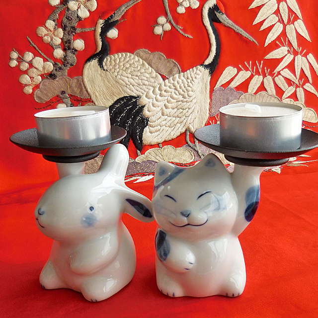 薬師窯 染絵 燭台持ち うさぎ キャンドル付 キャンドルスタンド