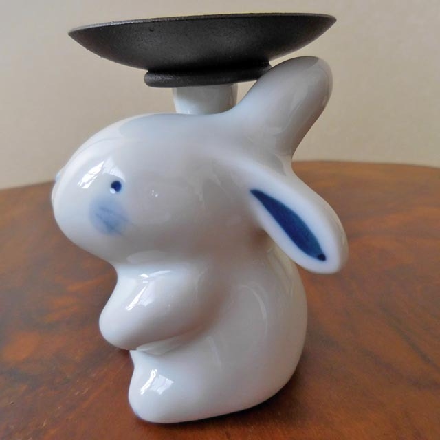 薬師窯 染絵 燭台持ち うさぎ キャンドル付 キャンドルスタンド