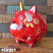 貯金箱　ネコ　赤猫　花柄　陶器製　東洋石創
