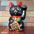 レトロ　招き猫　黒　千万両組猫　貯金箱　陶器製　縁起置物　Lucky Cat Maneki Neko