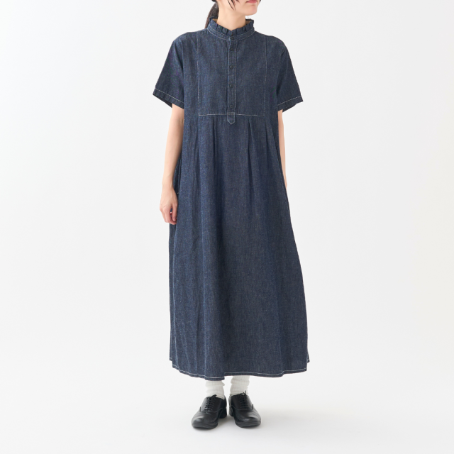 新品 25AW デニムワンピース 6oz綿麻デニムタックフリルH/Sワンピース KATO` GRANDMA MAMA DAUGHTER