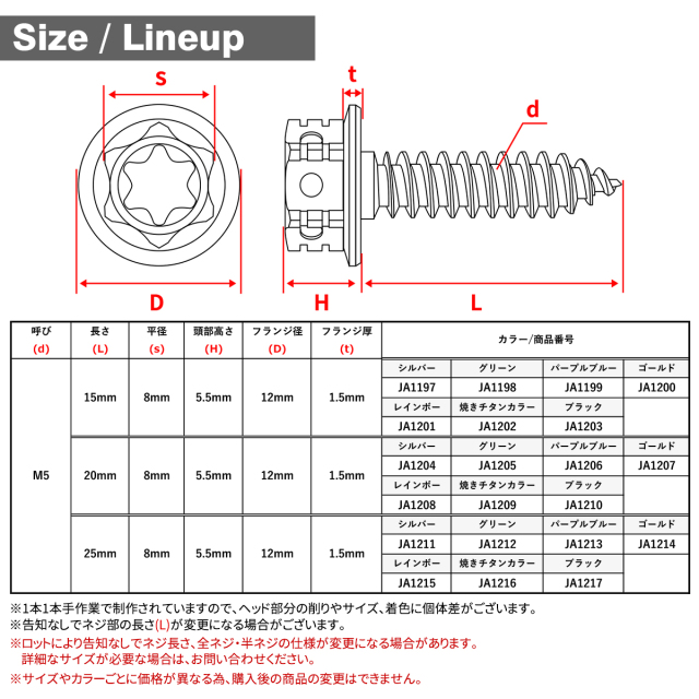 チタンネジ トルクス穴 フランジ付 タッピングビス M5×15mm～25mm