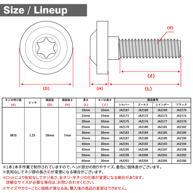 チタンボルト トルクス穴 フランジ付き ボタンボルト M10×10mm～60mm