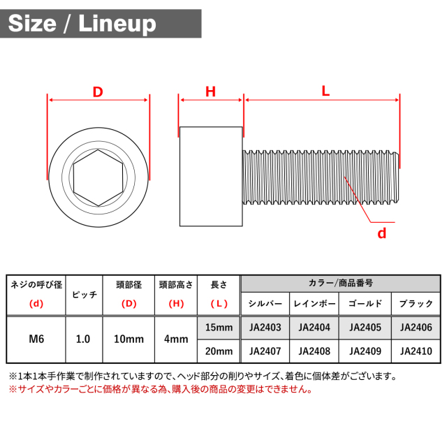 チタンボルト ストレートキャップボルト 低頭 六角穴付き M6×15mm