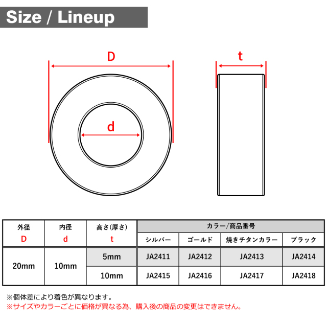 チタン カラー スペーサー 適合M10 外径20mm 内径10mm 厚み5mm～10mm
