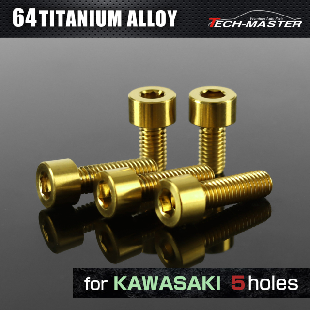 64チタン タンクキャップボルト カワサキ 5穴用 ゴールド 5本セット JA254 【メール便可】