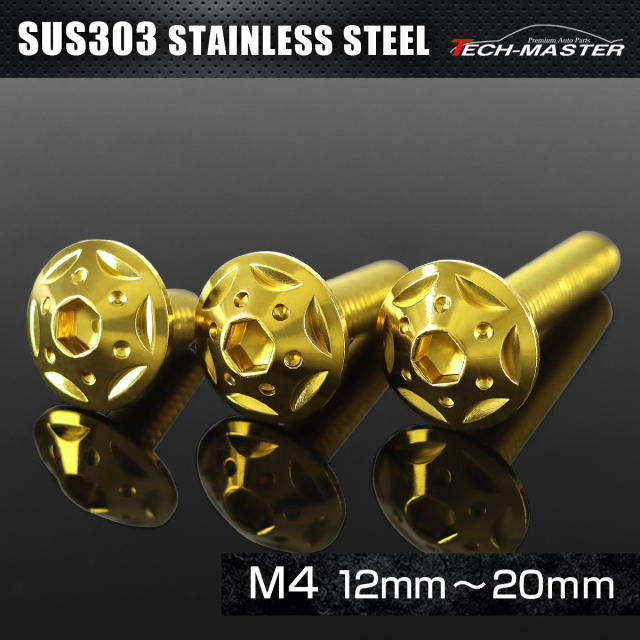 ステンレス 六角穴付 ボタンボルト スターホールヘッド M4×12mm～20mm ゴールド TR0225CHOICE 【メール便可】