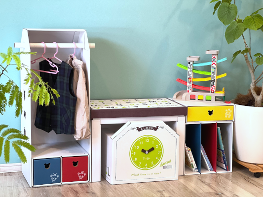 ジュニアデスクチェア&そで机(1個引き出し収納ケースA、本棚)&ハンガーラックセット