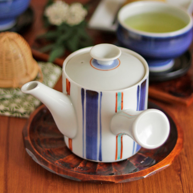 【砥部焼 梅山窯】しましま色絵の切立急須