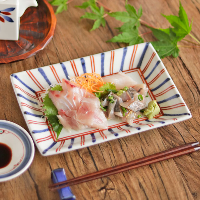 【砥部焼 梅山窯】ごす赤線の長角布目皿（7.5寸）