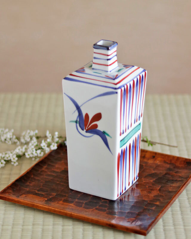 【砥部焼 梅山窯】花瓶(大)　下り赤花○