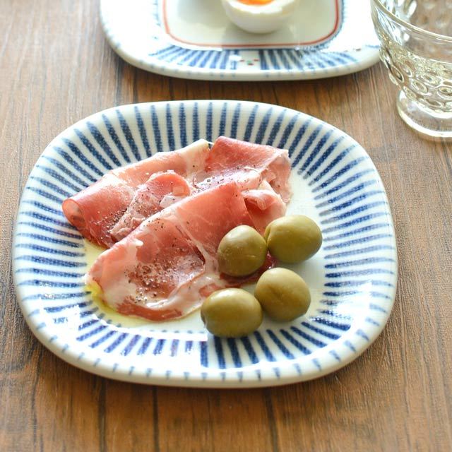 和食器・砥部焼　とくさ柄の角丸布目皿(5寸)