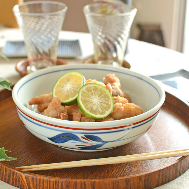 和食器・砥部焼　みつ葉の平鉢(6寸)