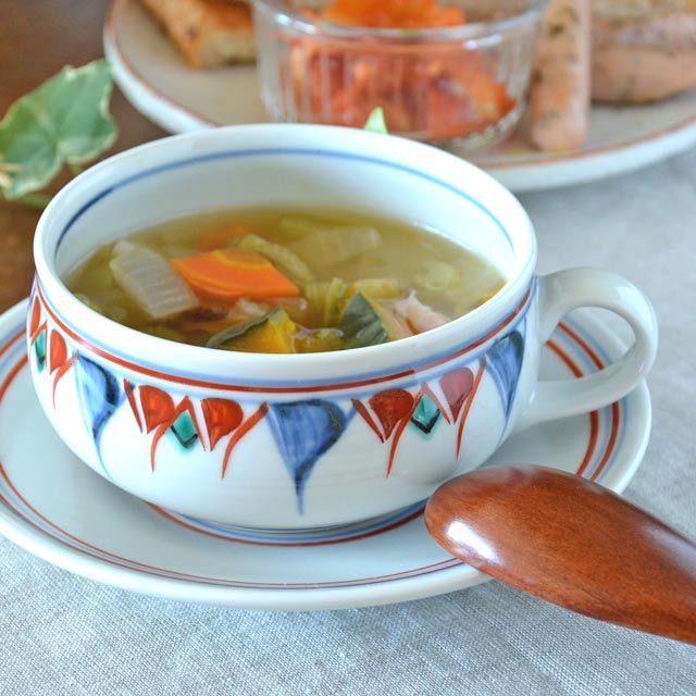 和食器・砥部焼　三角柄のふっくらスープ＆ソーサー