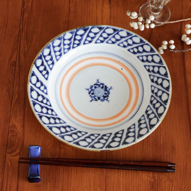 【砥部焼 中田窯】和紋すずらんのリム付皿(7寸)