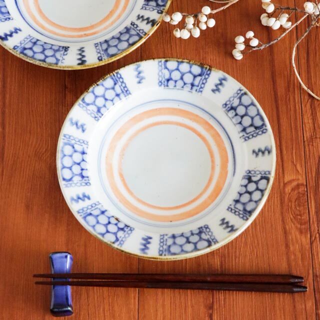 【砥部焼　中田窯】印判染付のリム付皿(6寸)A・B