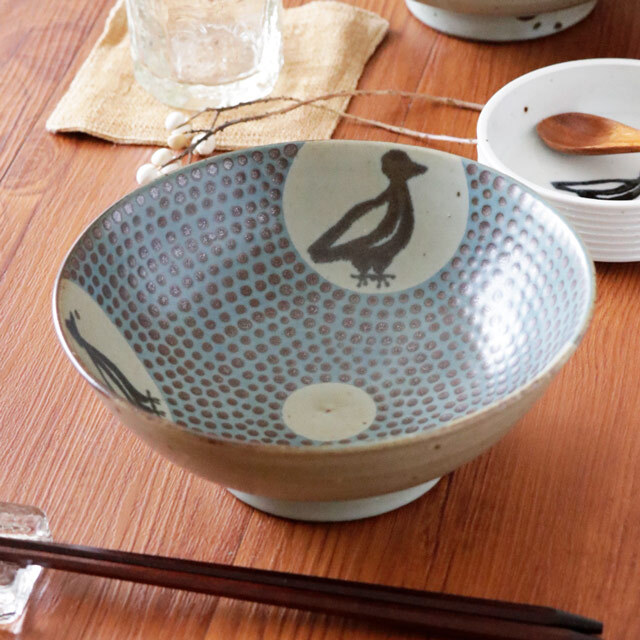 【砥部焼 皐月窯】青ドット鳥のボール(6寸)