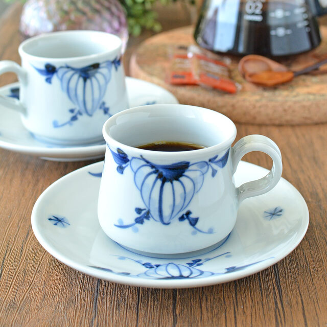 【砥部焼 青達窯】菊絵のコーヒー碗・皿