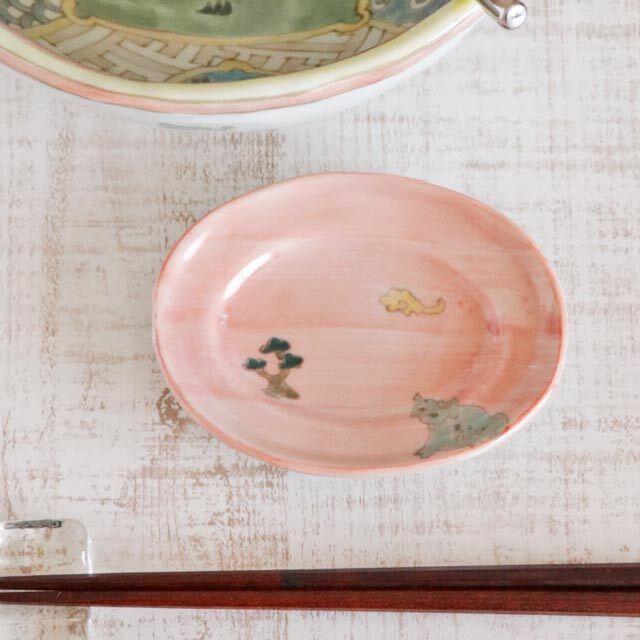 【砥部焼 スギウラ工房】どうぶつの楕円リム小皿(ピンク)