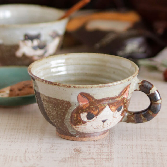 【陶工房 Sato】猫のカップ(キジシロ)