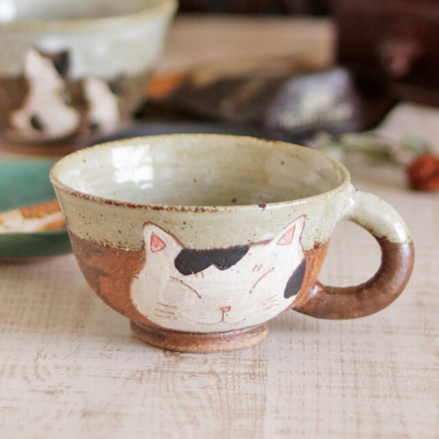 【陶工房 Sato】猫のカップ(ブチ)