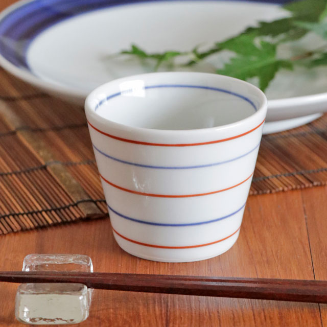 【砥部焼 千山窯】青赤線のそばちょこ