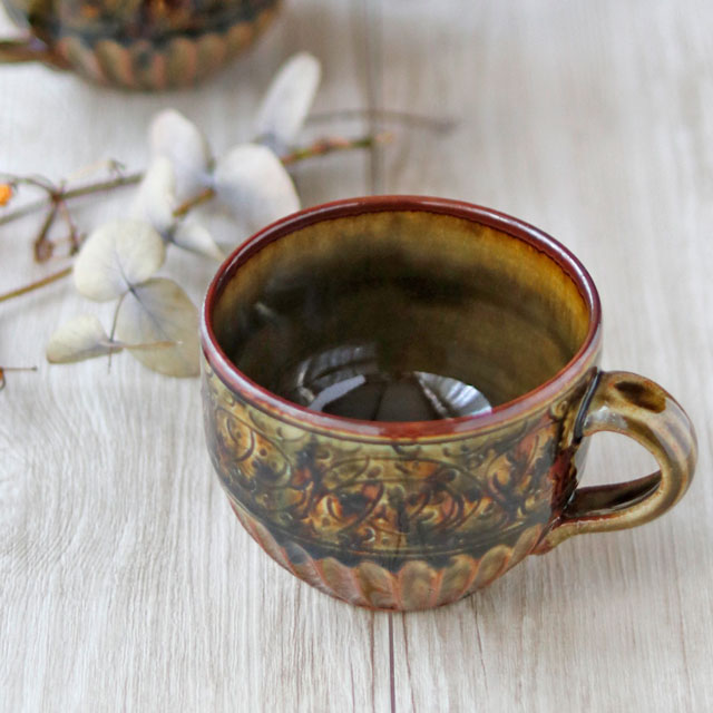 【砥部焼 陶房遊】オリーブブラウンの丸スープカップ