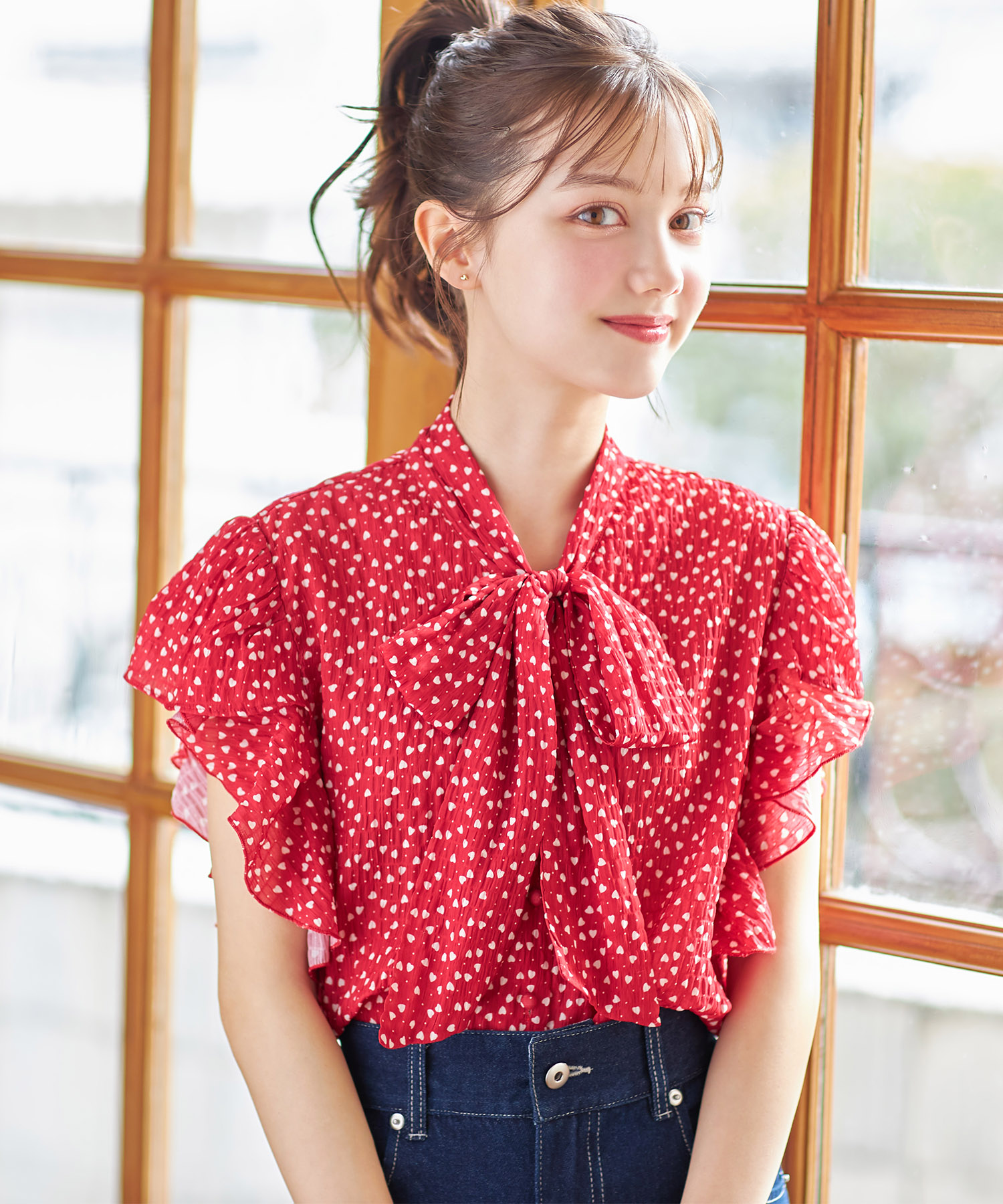 ボウタイリボンハートドットプリントフリルスリーブブラウス 【reloise リロイス】 tocco closet(トッコクローゼット) ＊スペシャルプライス品につき返品/キャンセル/配送日指定不可/ラッピング不可/少量在庫のセールの為交換は出来かねる場合がございます。