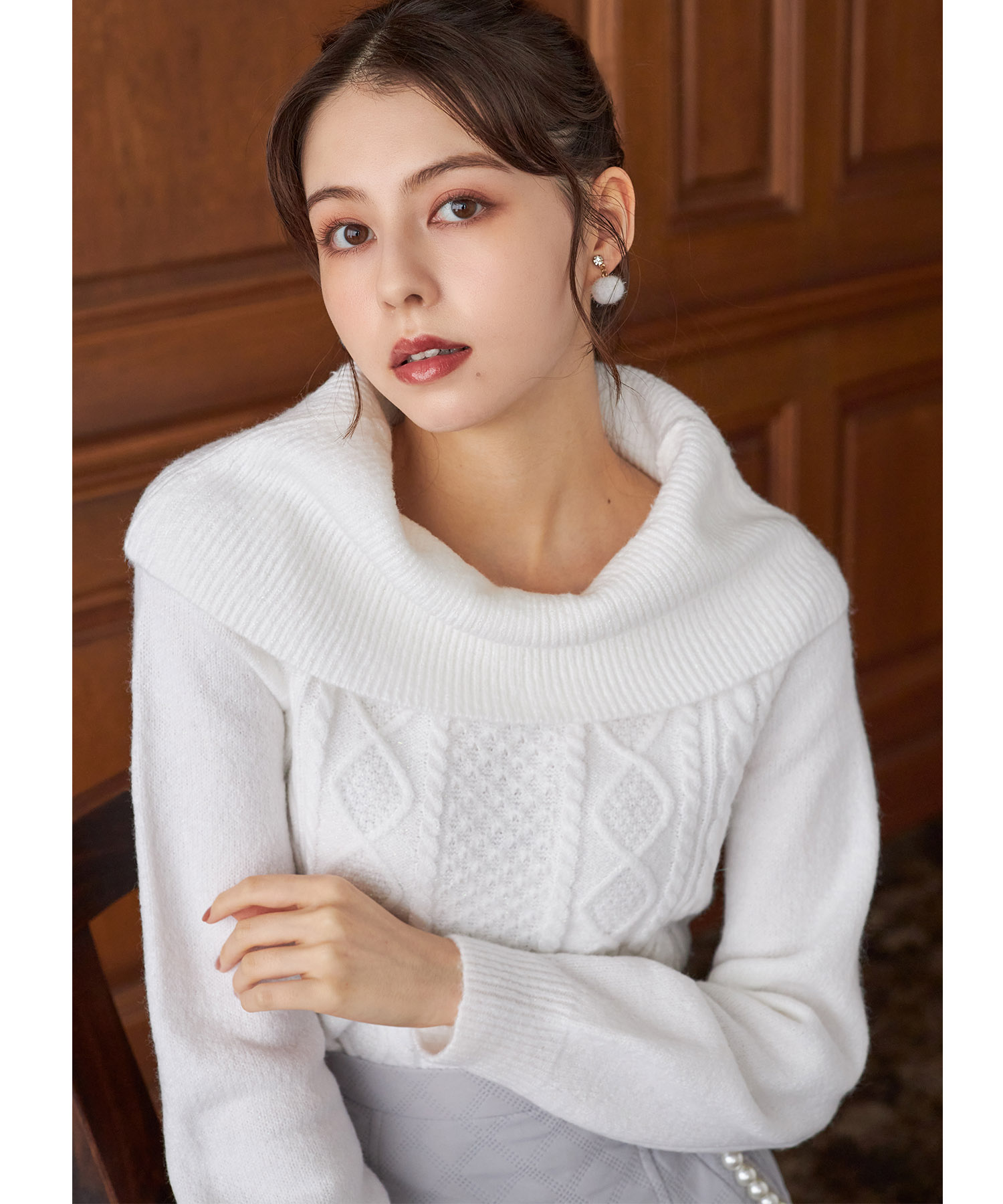 オフタートルネックケーブル編みニットプルオーバー 【sathemy】 tocco closet(トッコクローゼット)《Snow White Collection》《New Color》