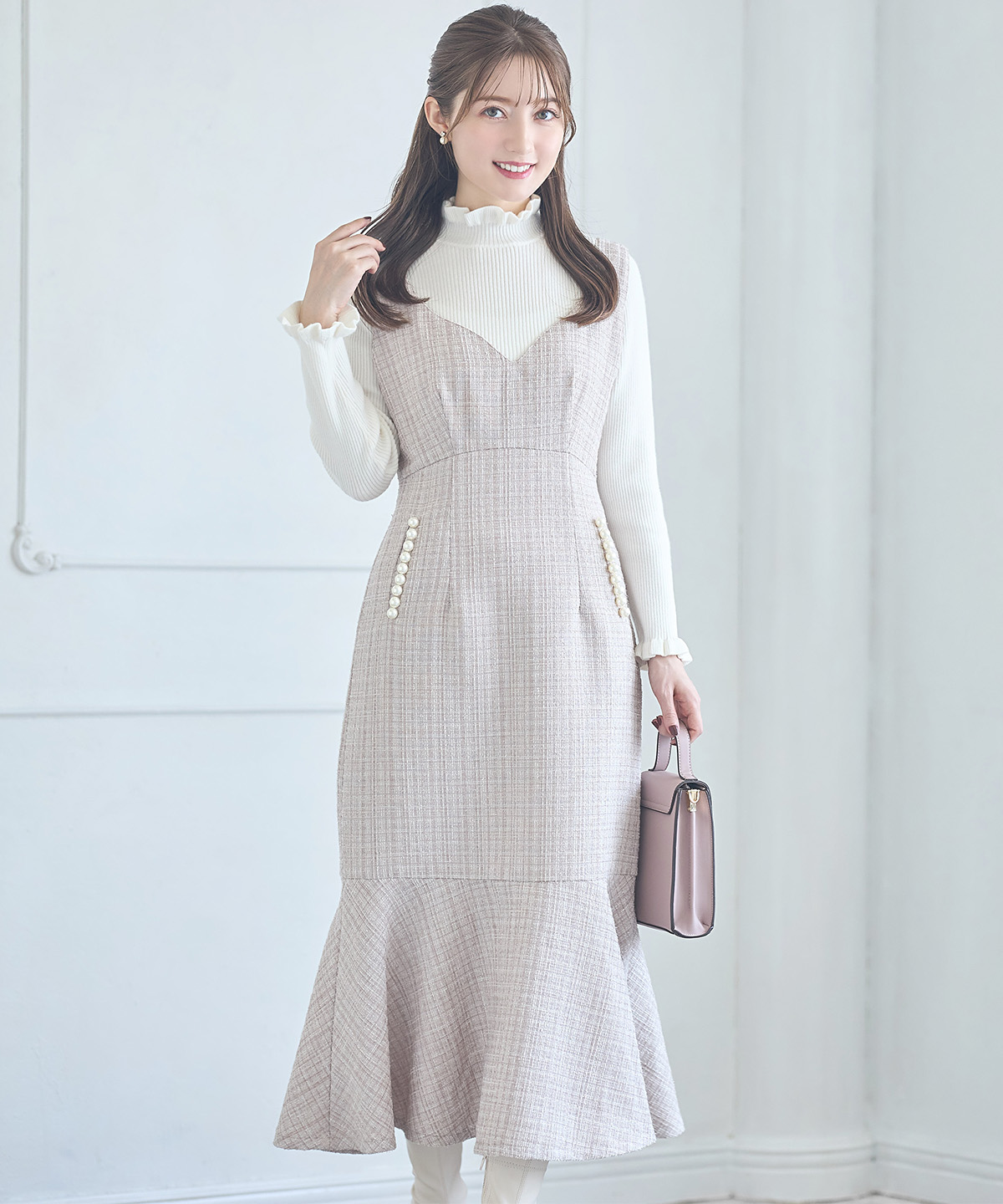ポケットパール付きマーメイドラインツイードジャンパースカート【maunier】 tocco closet ≪@cherish.myheartさんコラボ≫＊スペシャルプライス品につき返品/キャンセル/配送日指定不可/ラッピング不可/少量在庫のセールの為交換は出来かねる場合がございます。