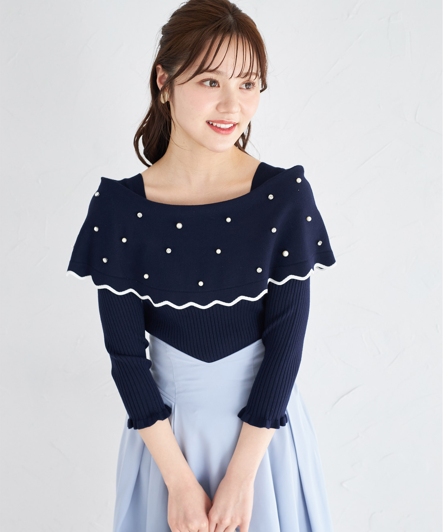 パールビジュー付き配色オフショルニットプルオーバー【nalame ナレーム】 tocco closet(トッコクローゼット)　＊スペシャルプライス品につき返品/キャンセル/配送日指定不可/ラッピング不可/少量在庫のセールの為交換は出来かねる場合がございます。
