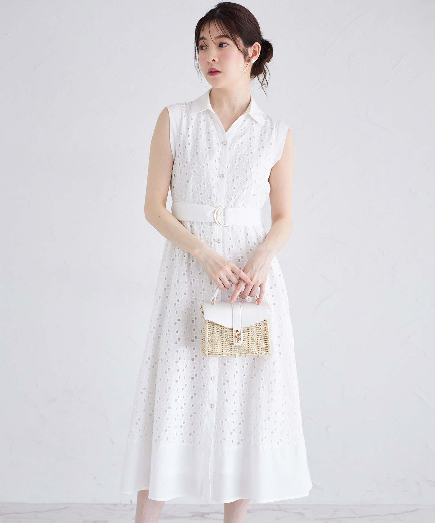 ベルト付き花釦フラワーコットンレースシャツワンピース 【afrase】tocco closet(トッコクローゼット)