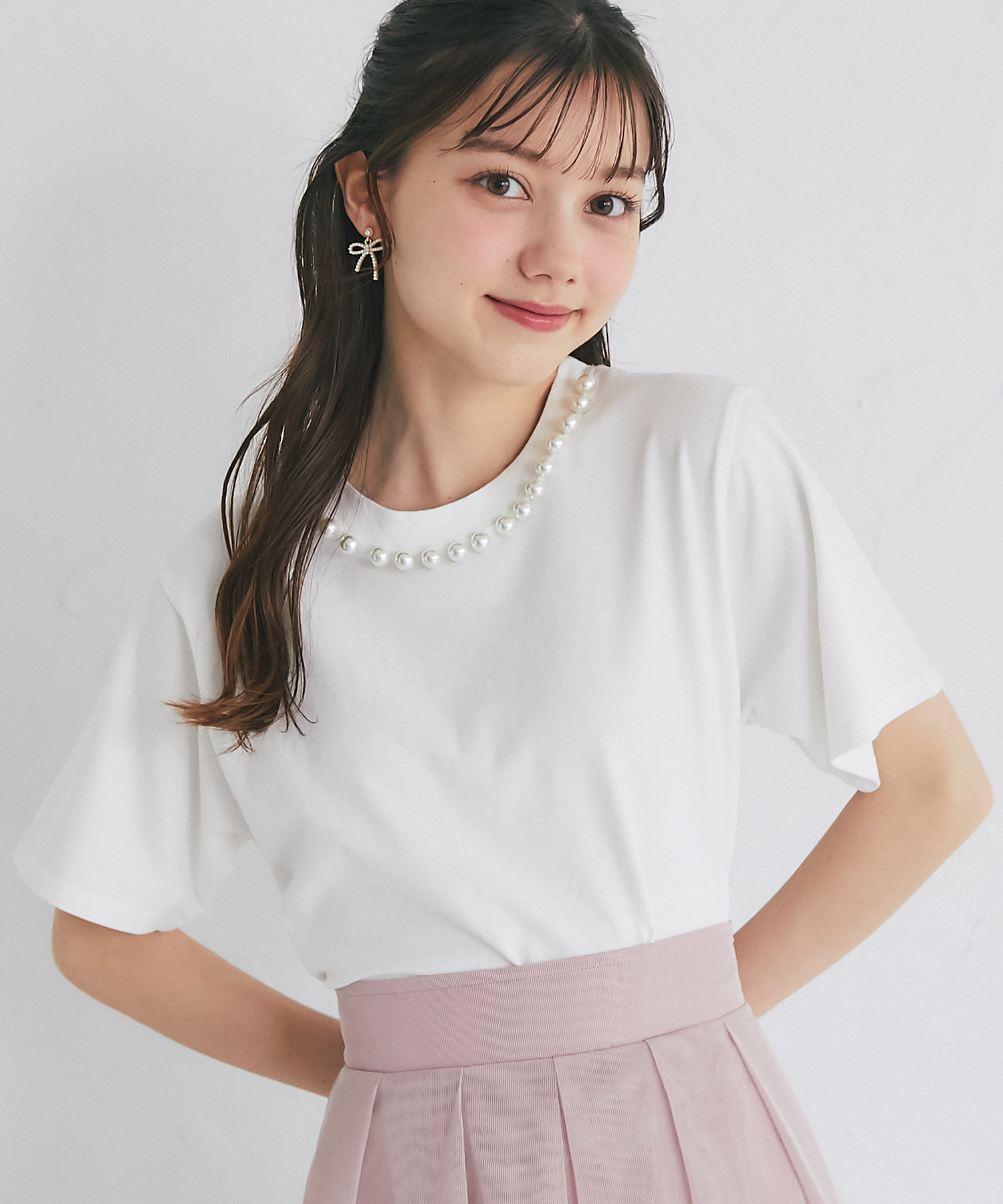 パール付きＴシャツ 7月30日(火)オフィシャルサイト限定再販☆【mophila モフィリア】 tocco closet(トッコクローゼット)≪Pink×Ribbon≫※少量の在庫確保による再販売の為、交換は出来かねる場合がございます。予めご了承ください。
