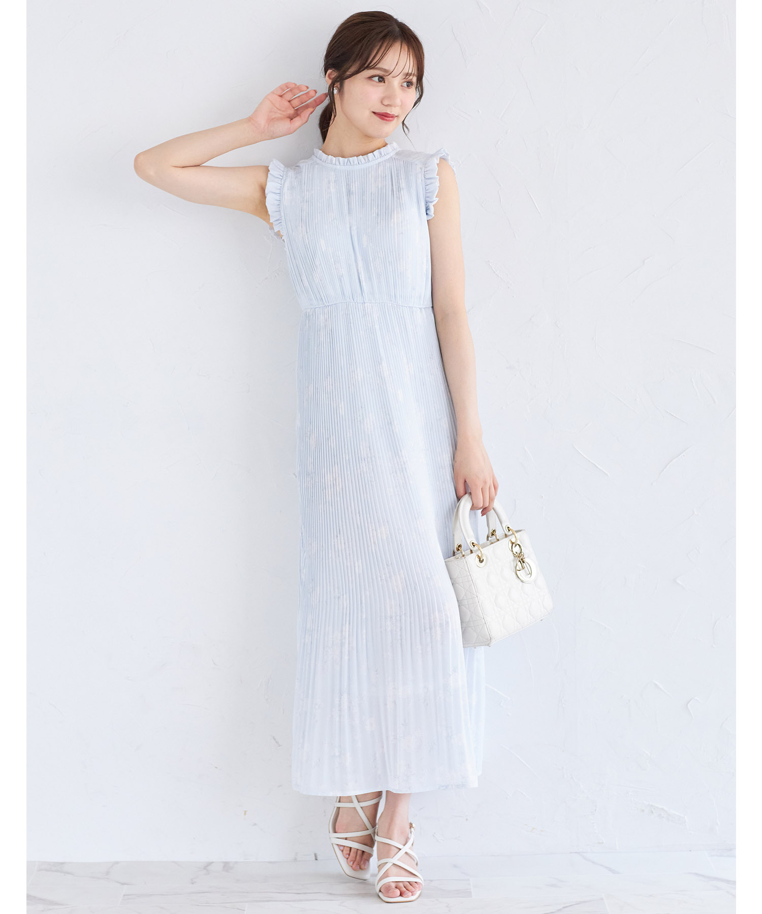 リボン＆フリル付きプリーツシフォンフラワープリントワンピース  ≪Pink×Ribbon≫※少量の在庫確保による再販売の為、交換は出来かねる場合がございます。予めご了承ください。