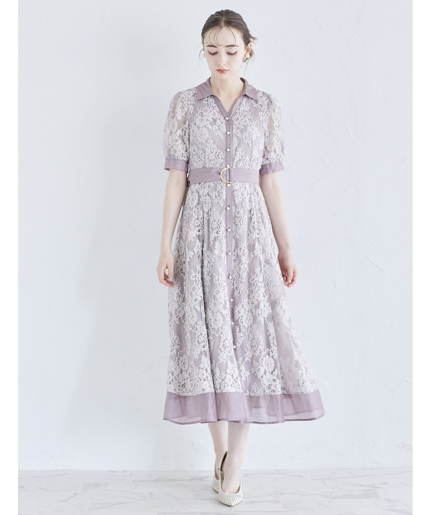 ベルト付きパール釦レース切り替えシャツワンピース 8月17日(土)オフィシャルサイト限定再販☆【voraory ヴォラオリー】※少量の在庫確保による再販売の為、交換は出来かねる場合がございます。予めご了承ください。