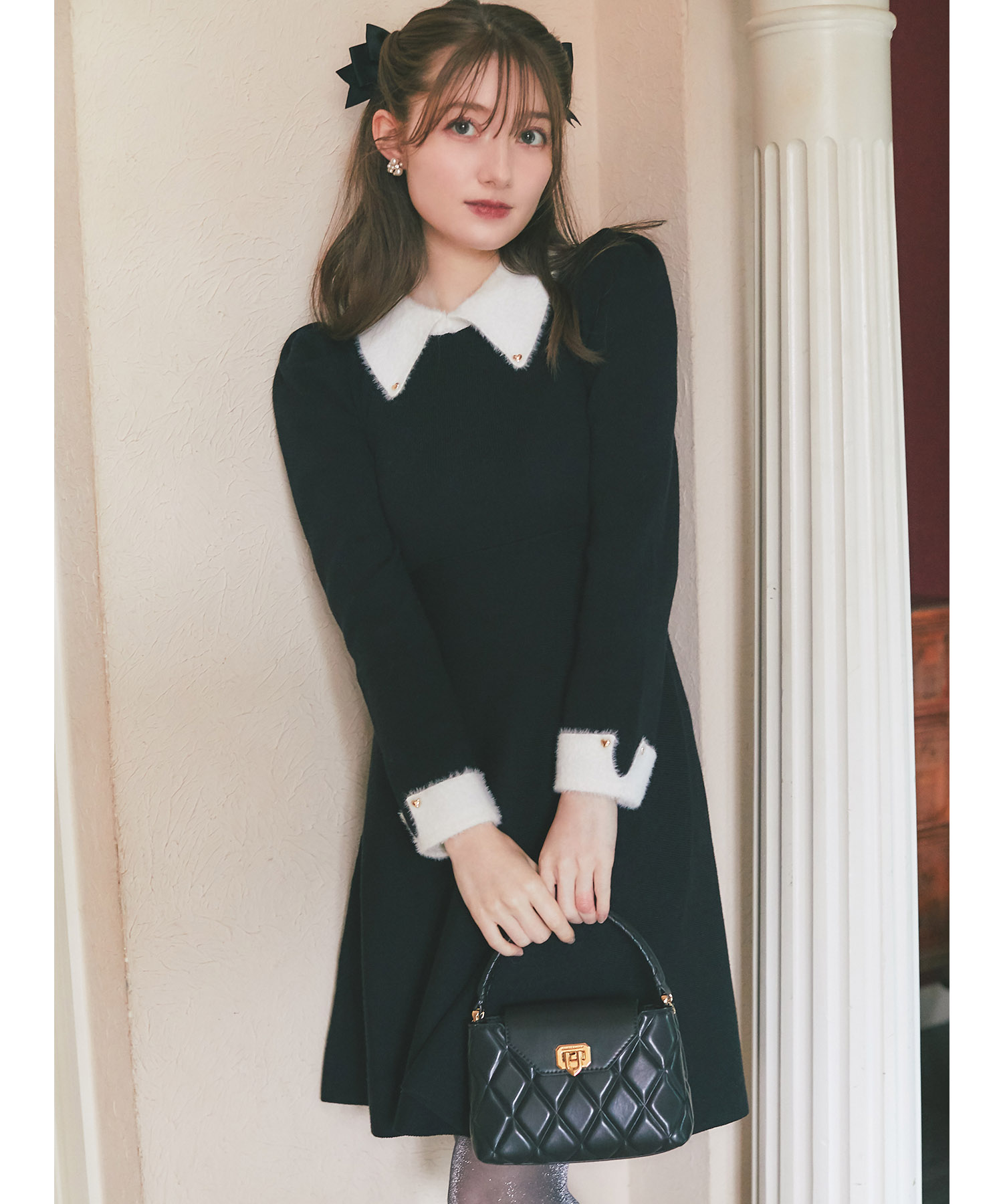 襟付き配色シャギー切り替えハート飾り釦リブニットワンピース 【ranucelle ランセル】《Moon Lady》《HolidayCollection》※少量の在庫確保による再販売の為、交換は出来かねる場合がございます。予めご了承ください。