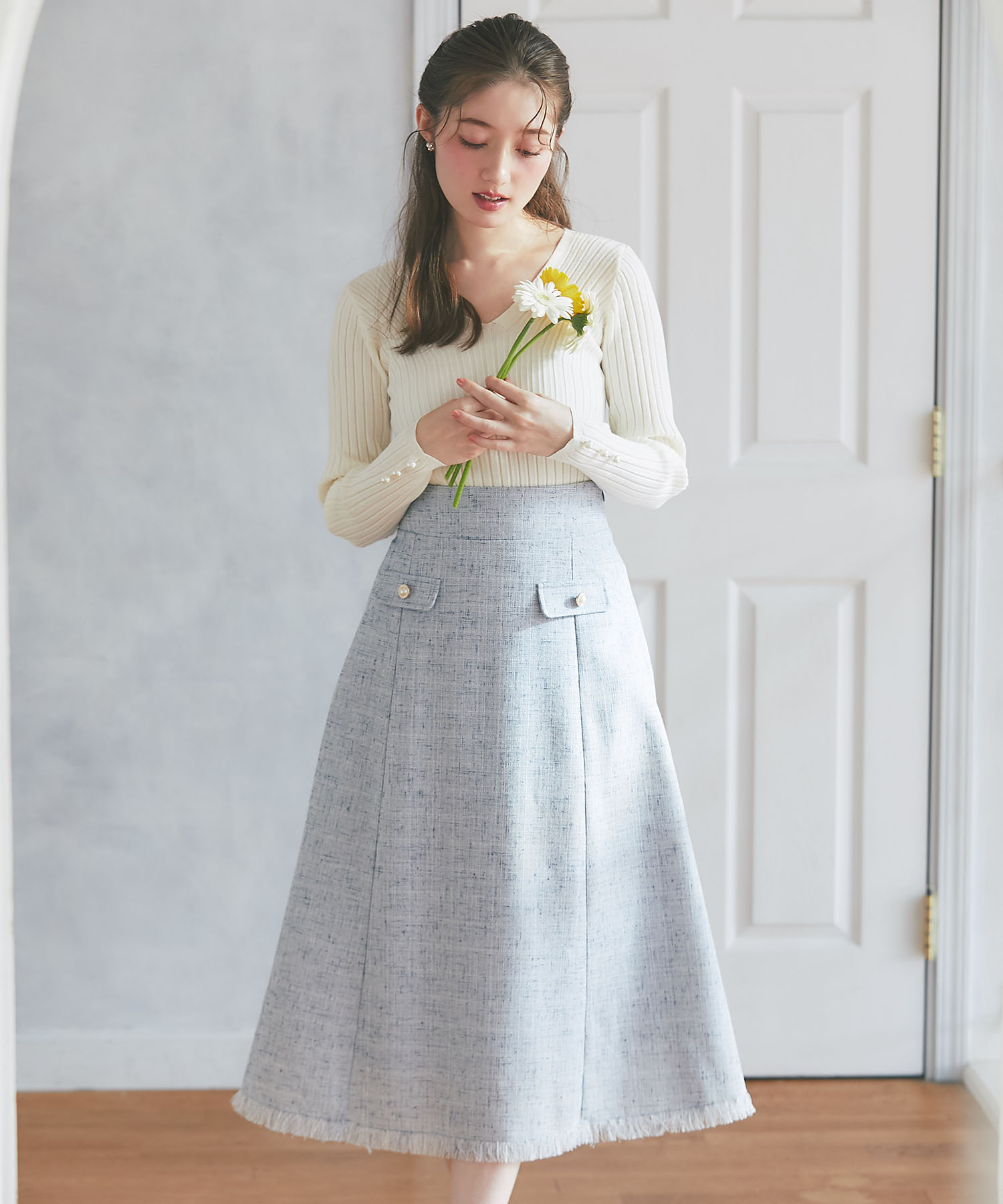 フェイクポケットパール飾り釦付きツイードフレアスカート 2月24日(月)再販決定☆【jorienne ジョリエン】 tocco closet(トッコクローゼット)《Full of the joys of spring 2025》