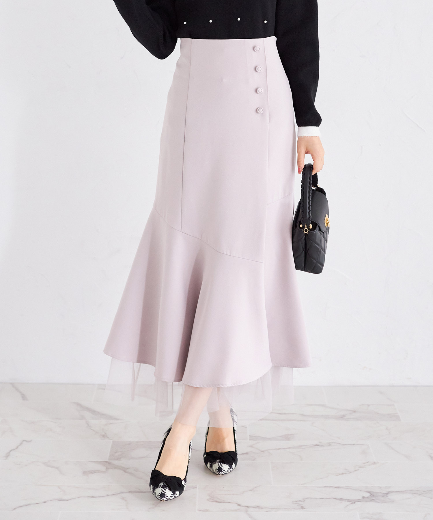 【Ｓ・Ｍサイズ展開】裾チュール付き飾り釦装飾マーメイドスカート【lioroa】 tocco closet(トッコクローゼット)＊スペシャルプライス品につき返品/キャンセル/配送日指定不可/ラッピング不可/少量在庫のセールの為交換は出来かねる場合がございます。