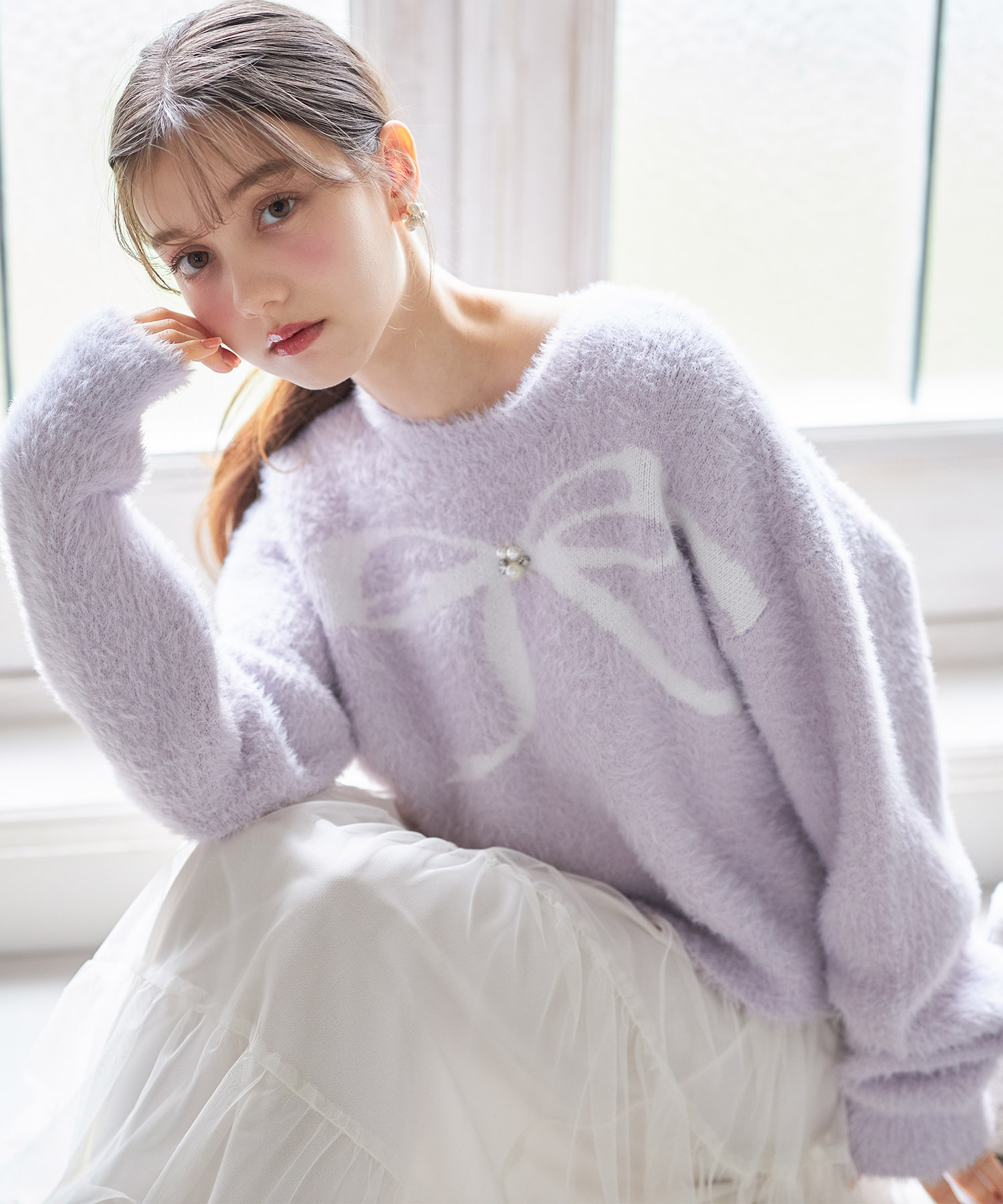 パールビジュー付きリボンデザインシャギーニットプルオーバー 9月16日(火)オフィシャルサイト限定ラベンダー再販☆【natavia ナタヴィア】 tocco closet《Knit Collection》※少量の在庫確保による再販売の為、交換は出来かねる場合がございます。予めご了承ください。