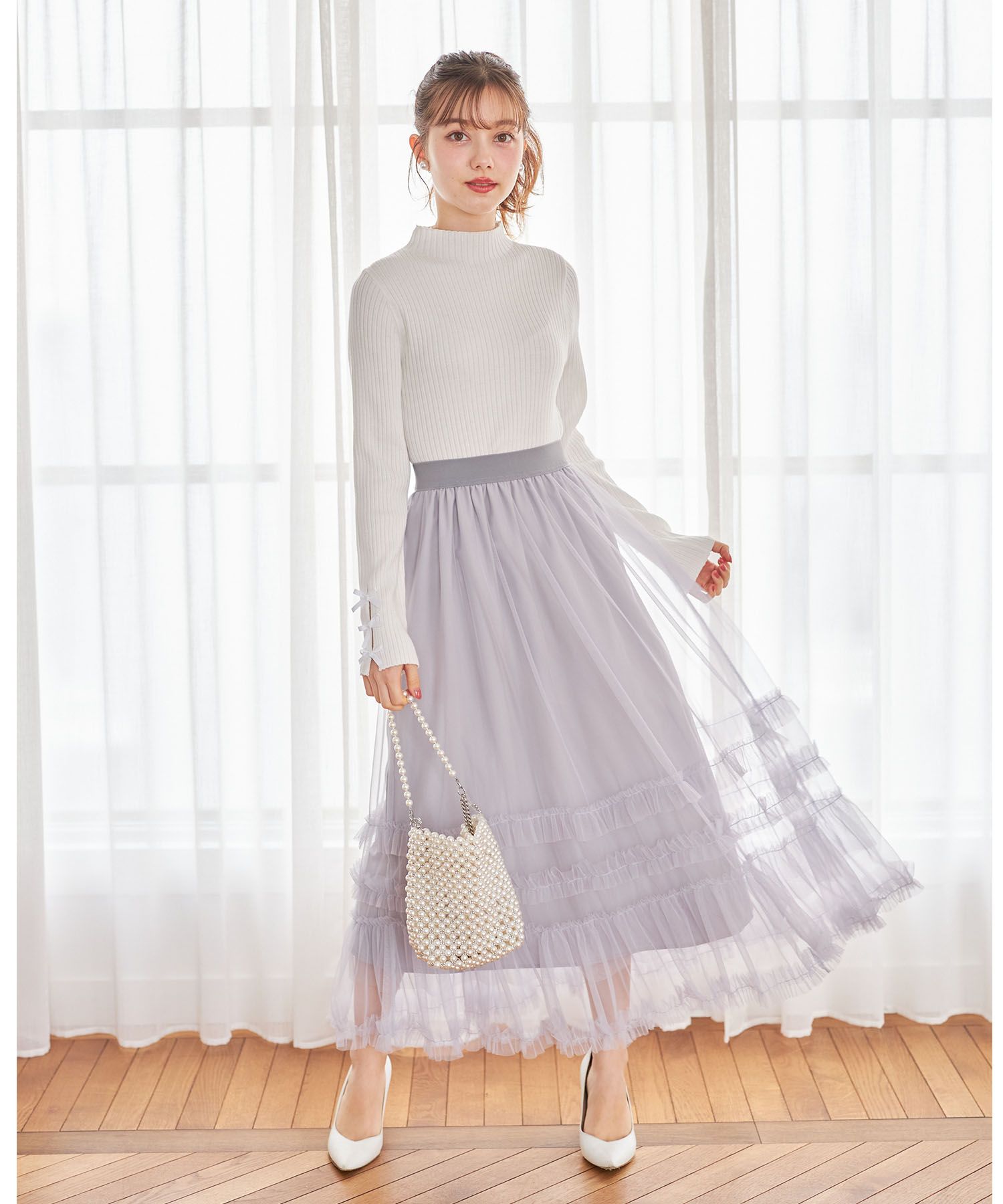 チュールフリルフレアスカート【solivine】 tocco closet ＊スペシャルプライス品につき返品/キャンセル/配送日指定不可/ラッピング不可/少量在庫のセールの為交換は出来かねる場合がございます。