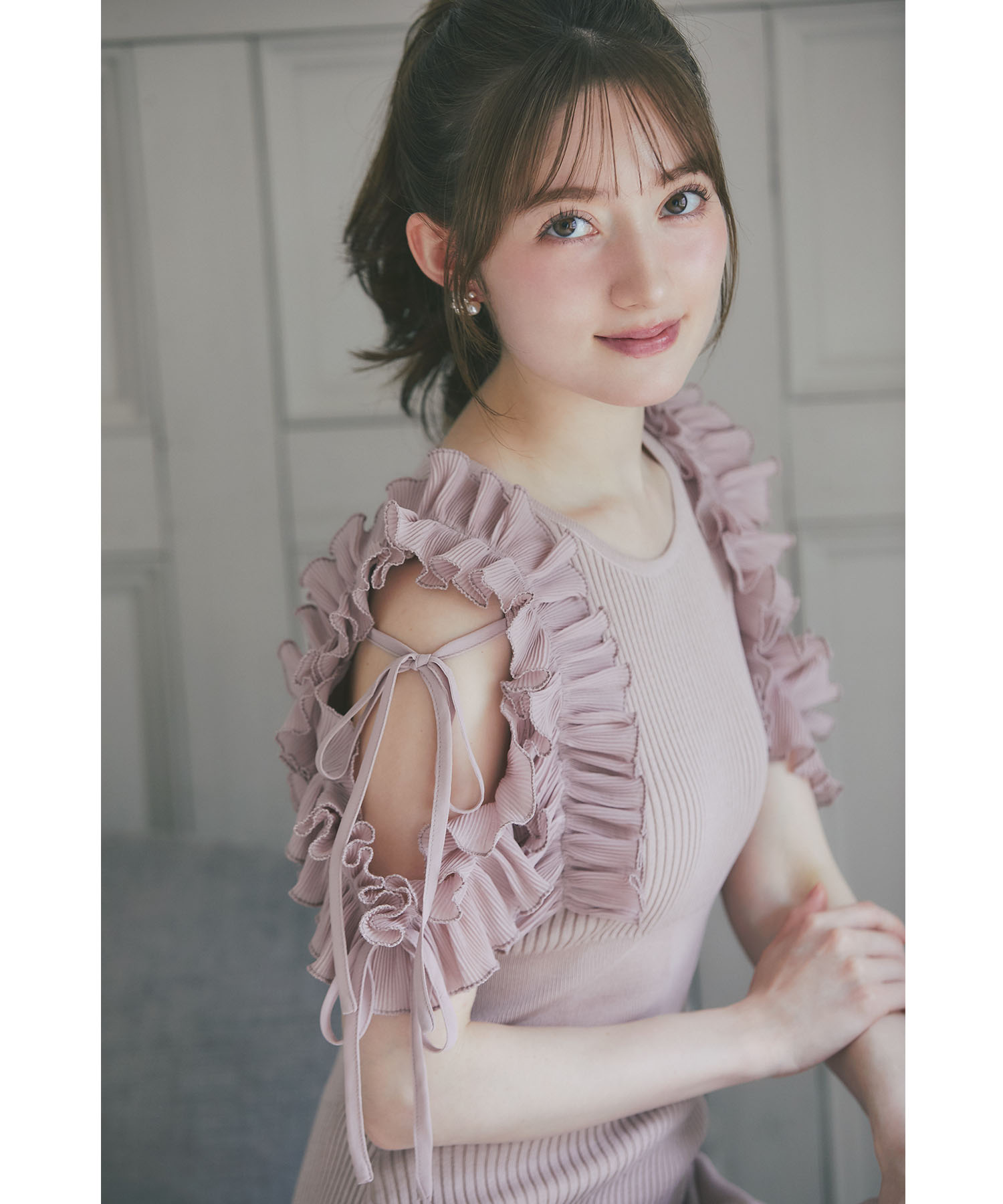 リボン付きシフォンプリーツフリル切り替えリブニットワンピース  tocco closet(トッコクローゼット)