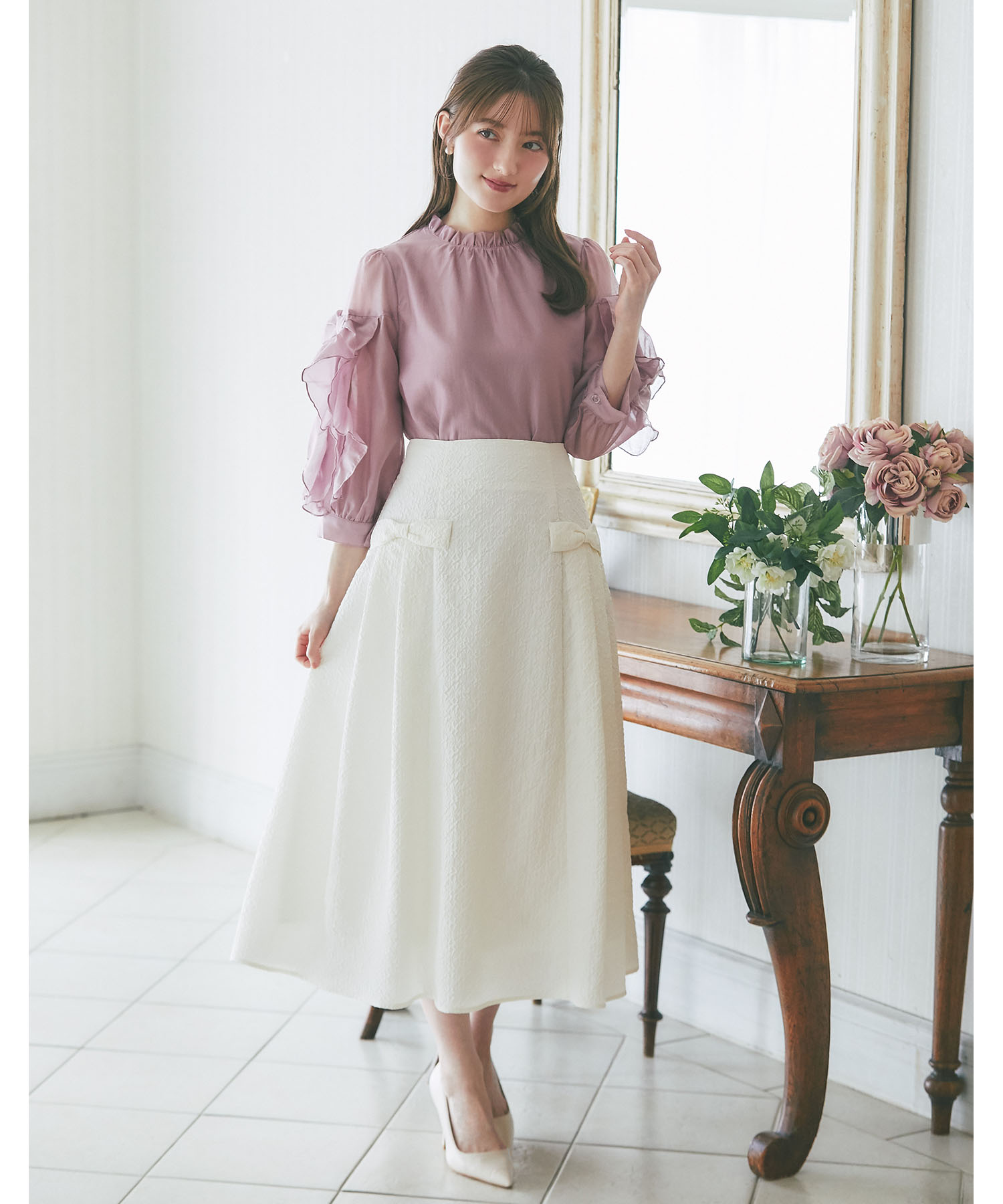 サイドりぼん付きジャガードフレアスカート【lomelina】 tocco closet ＊スペシャルプライス品につき返品/キャンセル/配送日指定不可/ラッピング不可/少量在庫のセールの為交換は出来かねる場合がございます。