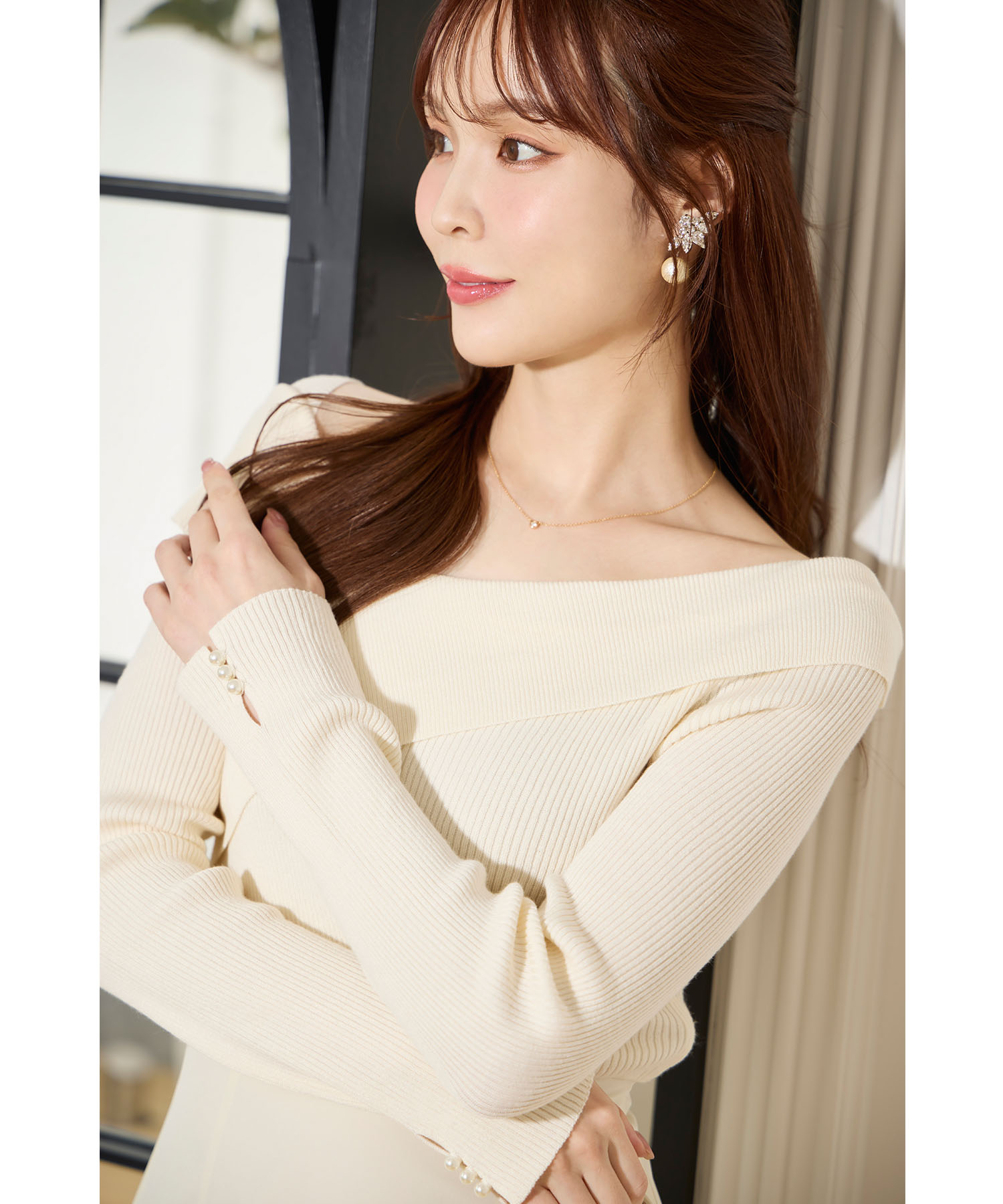 袖口パール付きアシメリブニットドッキングワンピース【marisca マリスカ】 tocco closet《@picaruuuさんコラボ》＊スペシャルプライス品につき返品/キャンセル/配送日指定不可/ラッピング不可/少量在庫のセールの為交換は出来かねる場合がございます。