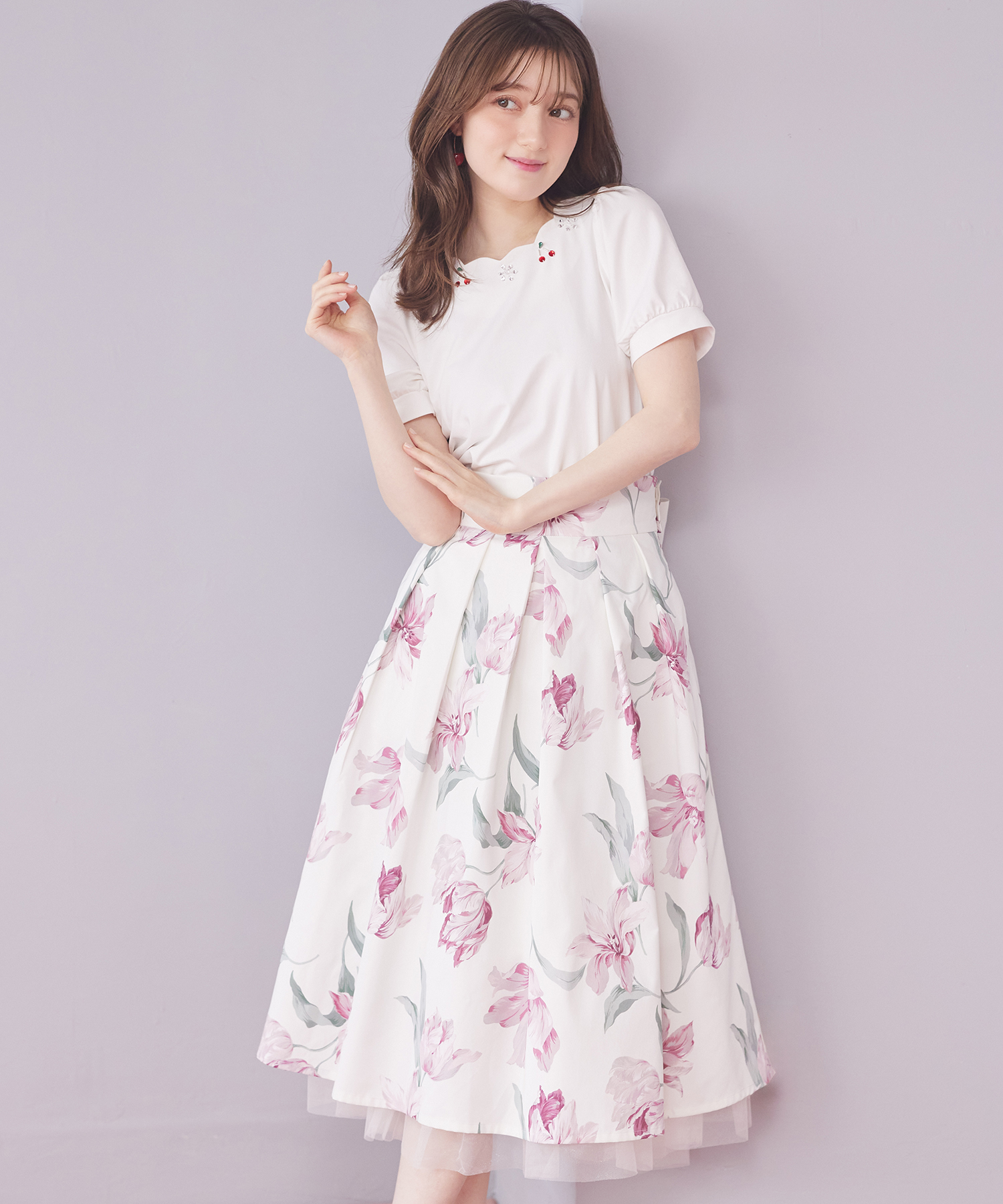 ３ＷＡＹリボン付き後ろチュール×フリル切り替えフラワープリントフレアスカート 9月1日(月)オフィシャルサイト限定再販☆tocco closet(トッコクローゼット)※少量の在庫確保による再販売の為、交換は出来かねる場合がございます。予めご了承ください。