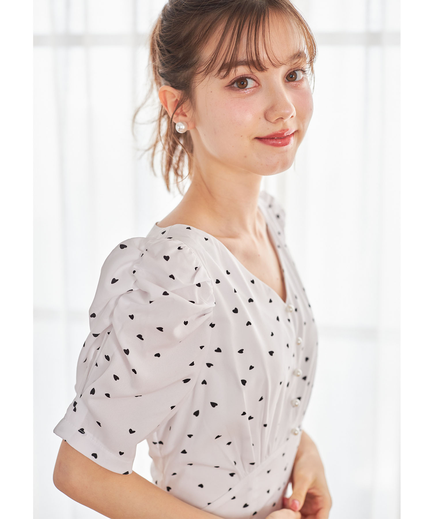 tocco トッコクローゼット　パール付きバックレースアップハートドットワンピース