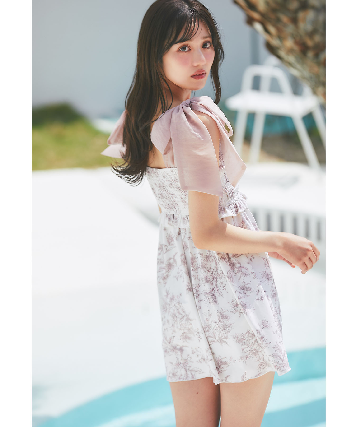 tocco トッコクローゼット　インナーパンツ付きシフォンリボンフラワープリントワンピース水着 